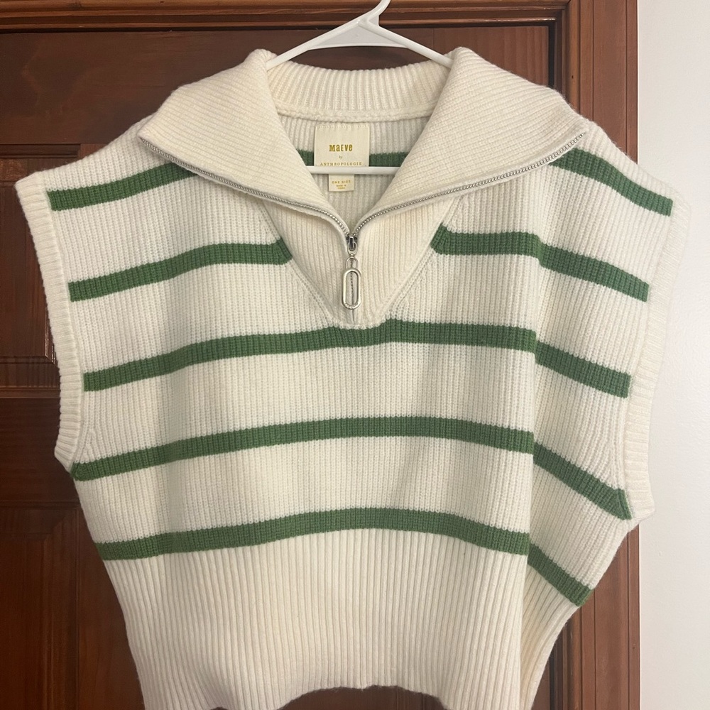 Anthropologie Maeve Cream & Green Striped Zip-Neck Sweater Vest